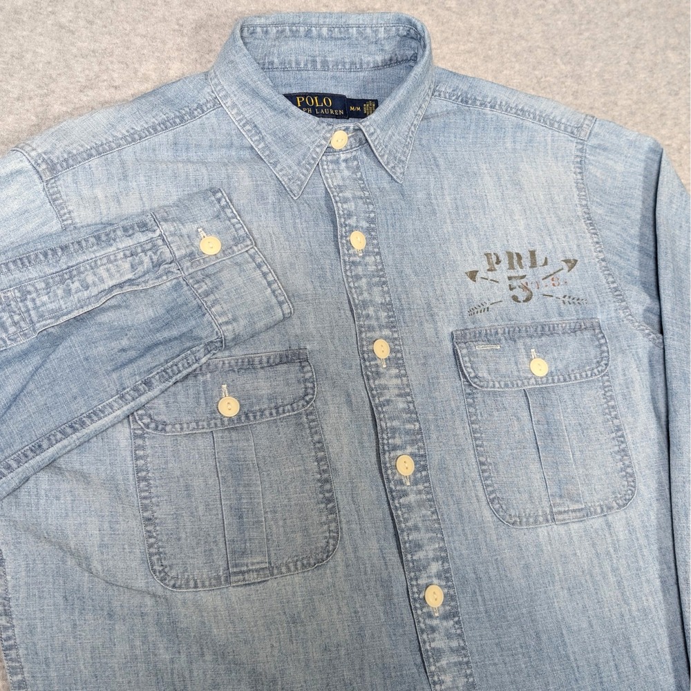 Polo Ralph Lauren Eagle Print Chambray Work Shirt Button Up Medium Vintage Style